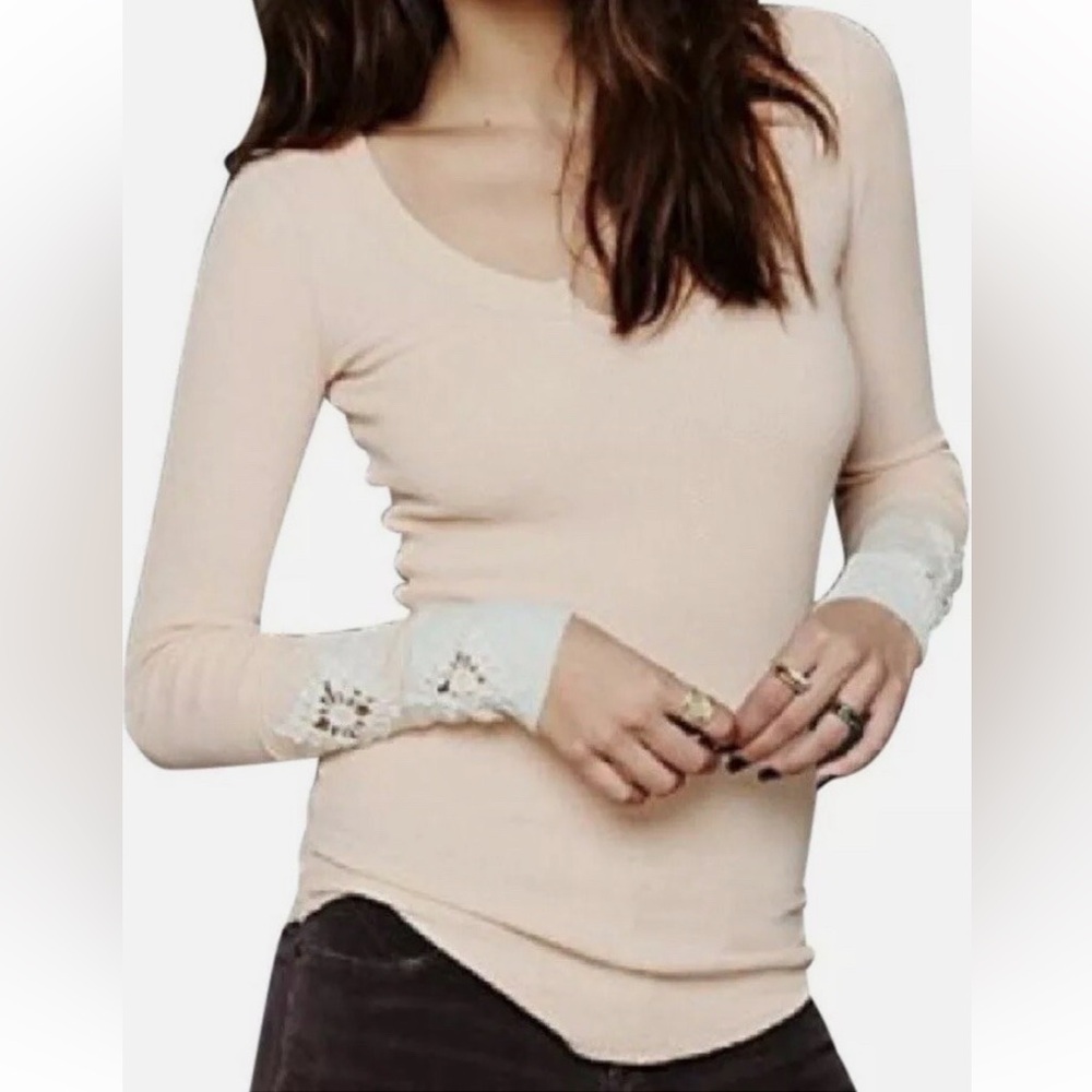 Free People Waffle Knit Long Sleeve Top with Embroidered Sleeves